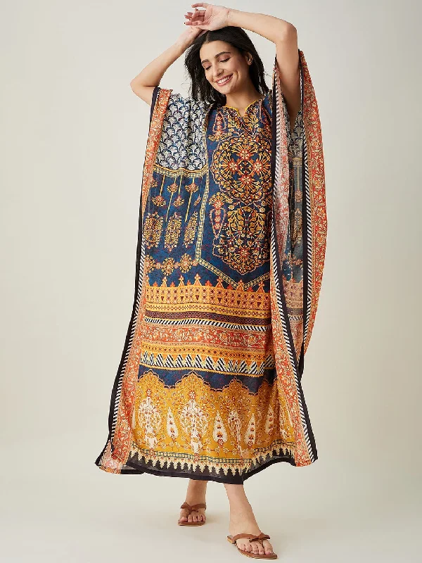 Women's Cooling Robe and Sleepwear With Piping -Women's Blue Nature'S Canvas Printed Kaftan - The Kaftan Company Women's Cooling Robe and Sleepwear With Piping -Women's Blue Nature'S Canvas Printed Kaftan - The Kaftan Company