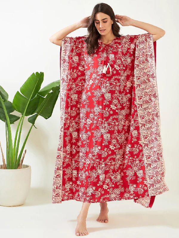 Womens robe sets that are soft -Women's Red Floral Elegant Kaftan  - The Kaftan Company