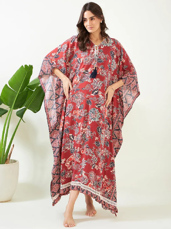Womens robe and loungewear set comfortable -Women's Maroon Blossom Elegant Kaftan  - The Kaftan Company