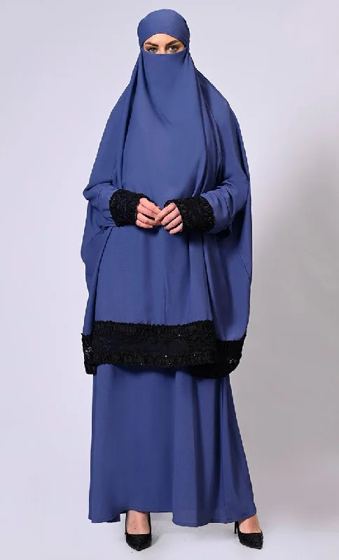 Where can I buy long length robes?Women's Blue Niqab and Abaya Set with Stylish Lace Detailing Where can I buy long length robes?Women's Blue Niqab and Abaya Set with Stylish Lace Detailing