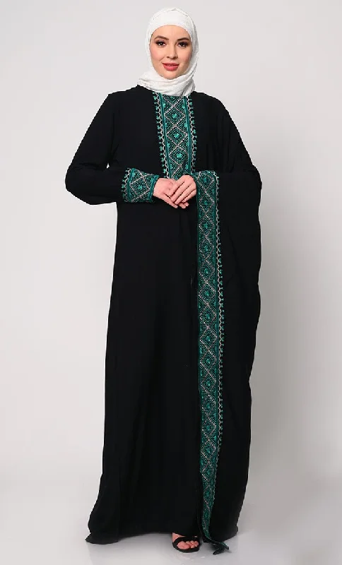 Women's bold colors robesGraceful Machine Embroidered Black Kaftan Abaya with Pockets Women's bold colors robesGraceful Machine Embroidered Black Kaftan Abaya with Pockets