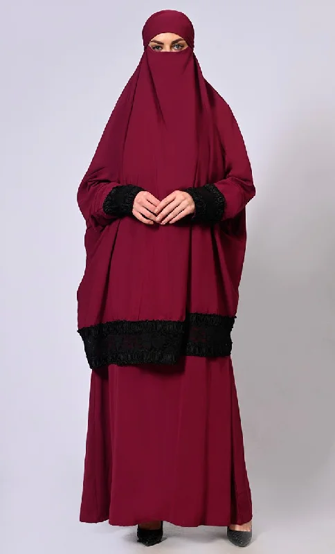 Womens floral print robe set vibrant -Women's Maroon Niqab and Abaya Set with Stylish Lace Detailing Womens floral print robe set vibrant -Women's Maroon Niqab and Abaya Set with Stylish Lace Detailing
