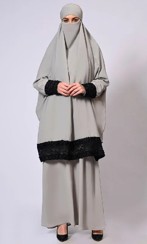 Womens robe sets with unique designs -Women's Grey Niqab and Abaya Set with Stylish Lace Detailing Womens robe sets with unique designs -Women's Grey Niqab and Abaya Set with Stylish Lace Detailing