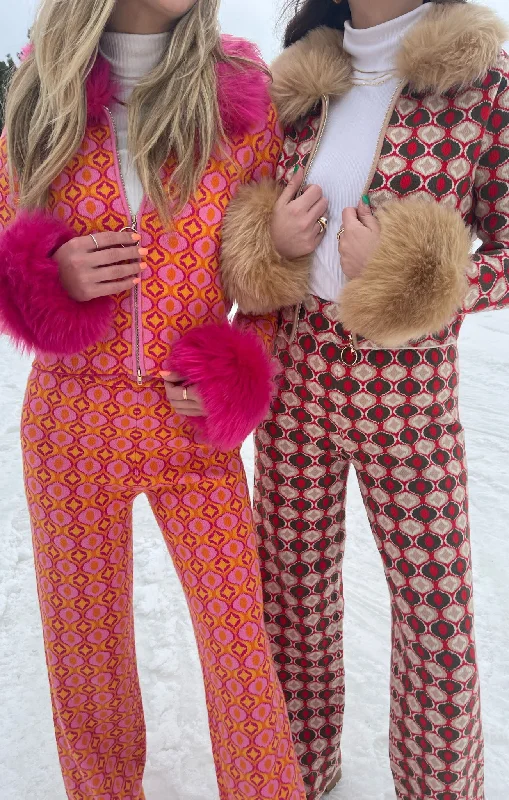 Womens long robe sets for petite sizes -Zermatt Sweater Pant ~ Pink Geo Jacquard