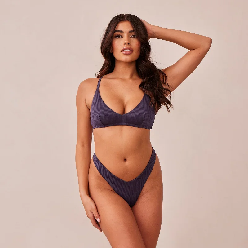Deep V bras for all seasons -Ribbed Triangle Bra  - Charcoal Blue