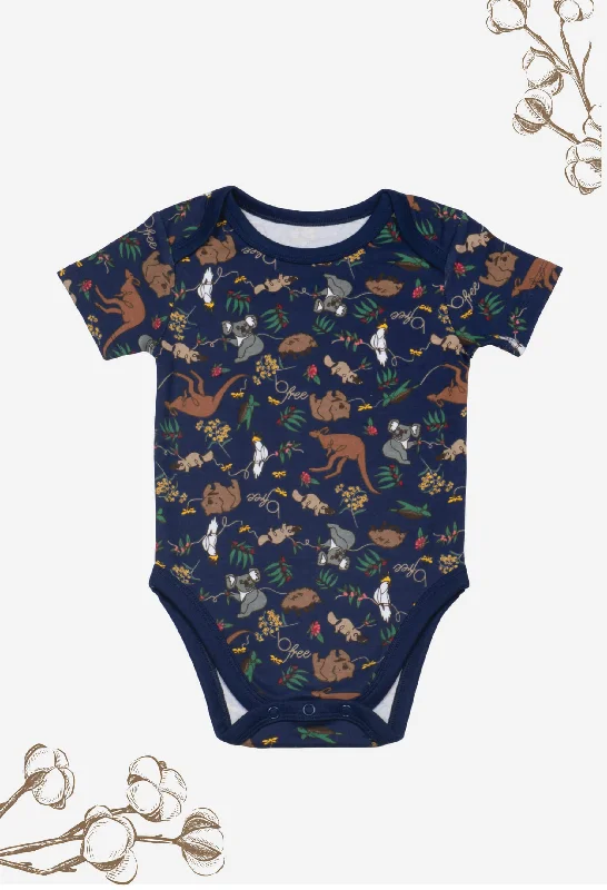 Cotton Corset Top For Summer -100% Organic Cotton Short Sleeve Baby Bodysuit - Navy Native Aussie Animals Cotton Corset Top For Summer -100% Organic Cotton Short Sleeve Baby Bodysuit - Navy Native Aussie Animals
