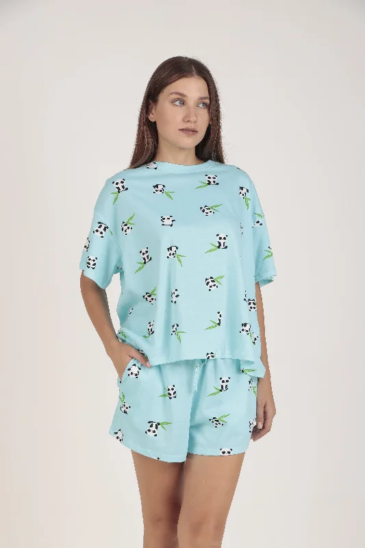 Womens pajama sets that wick away moisture sweat -Cotton-Sky-Blue Panda-Top & Short Set