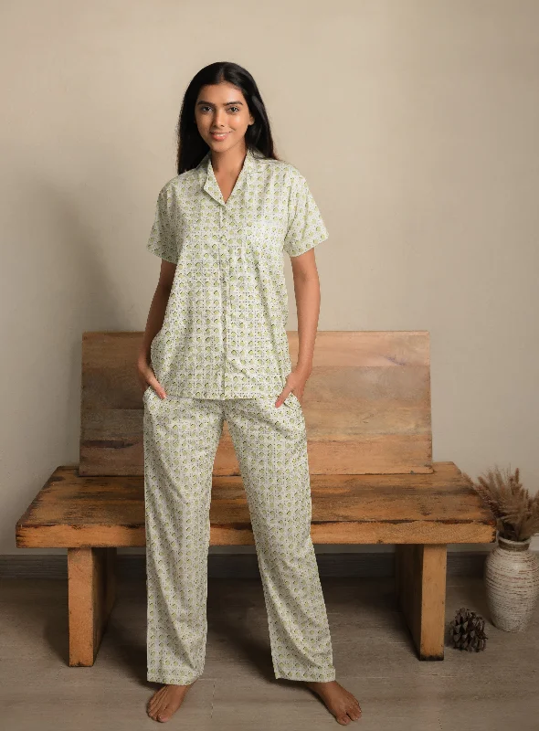 Women's pajama sets made from fleece-Green Geometric PJ Set