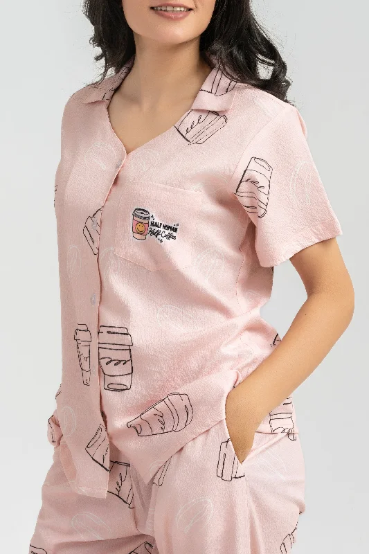 Womens pajama sets with pockets for convenience -Half Human, Half Coffee PJ Set