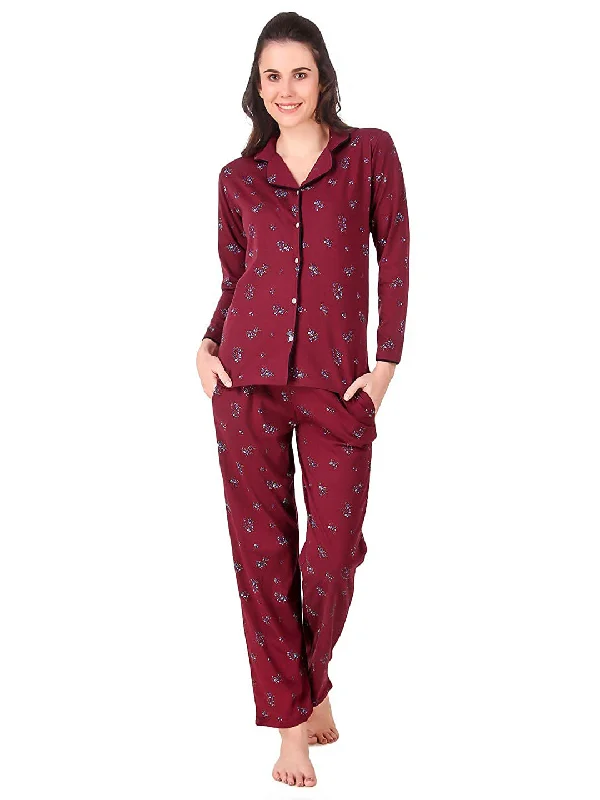 Women's pajama sets with wide bands supportive -Maroon Flower Knitted Pj Set