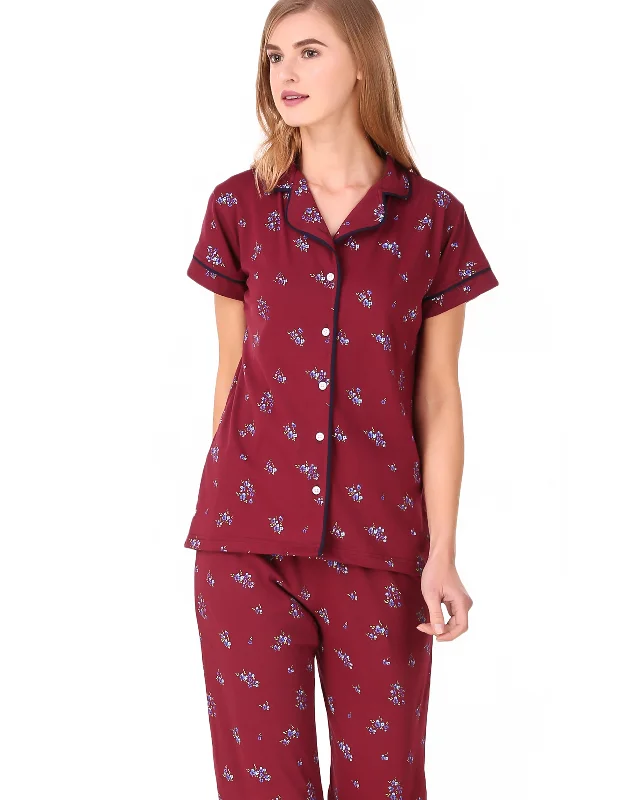 Women's pajama sets for the office professional -Maroon Flower Knitted Pj Set