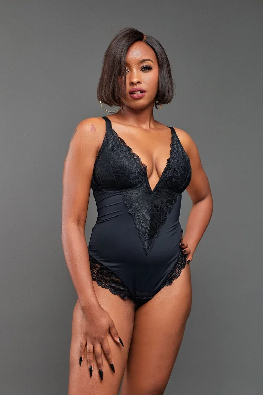 Womens corset with strong support -Alluring Control Low-plunge Bodysuit- Black