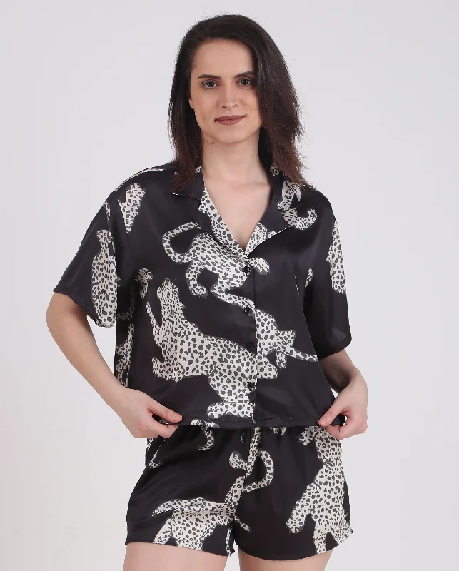 Women's pajama sets for post partum recovery -Satin Black-Cheetah Short Set