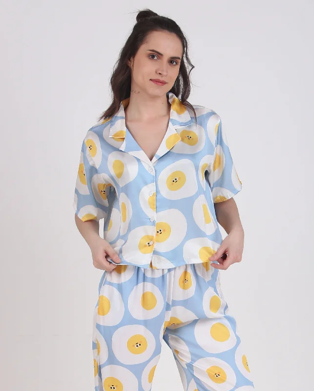 Women's pajama sets made from poplin-Satin Blue-Egg Top & Pyjama Set