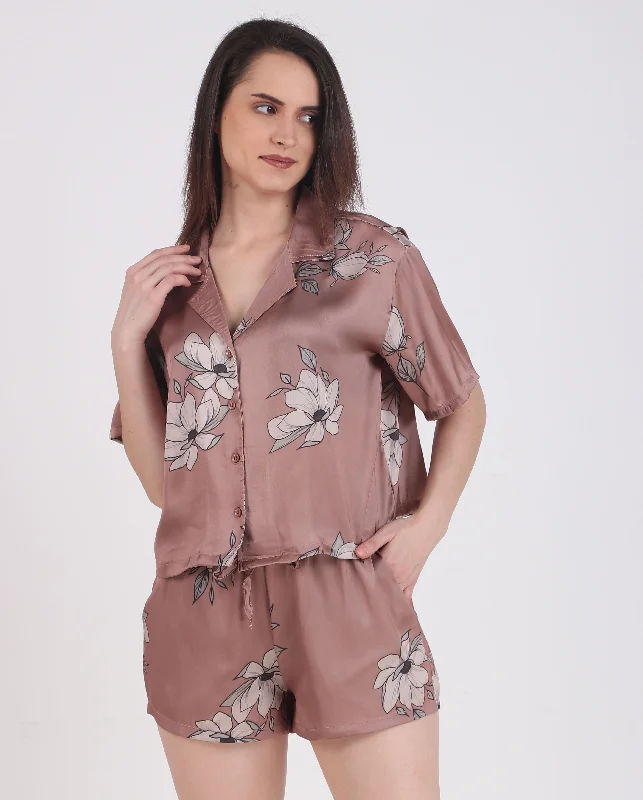 Women's pajama sets that are stylish fashionable -Satin Brown Flower Short Set