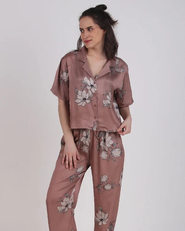 Womens flannel pajama sets for winter cozy -Satin Brown-Flower Top & Pyjama Set