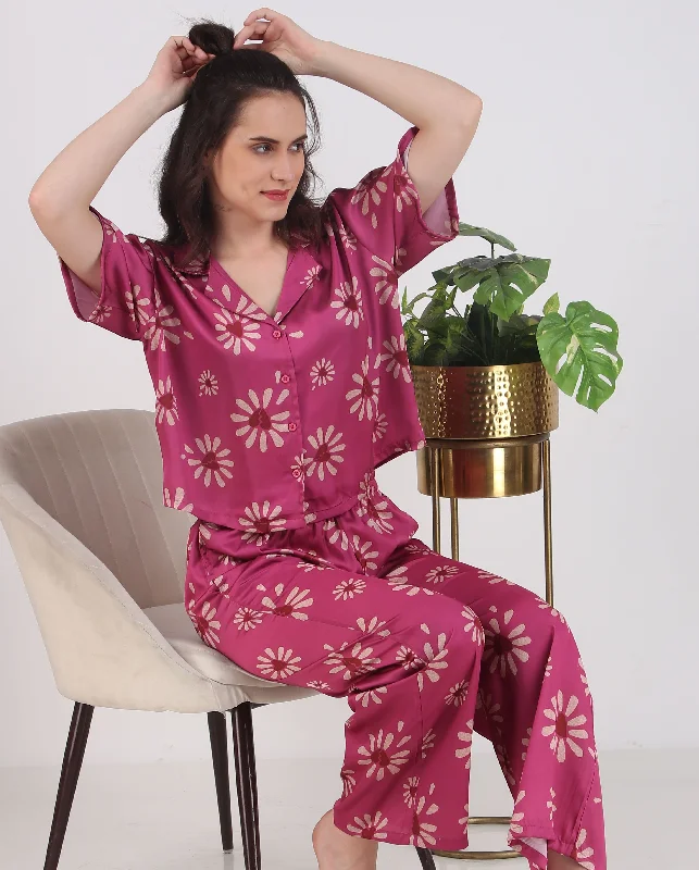 Women's pajama sets for maternity supportive -Satin Fuchsia-B-Heart Top & Pyjama Set Women's pajama sets for maternity supportive -Satin Fuchsia-B-Heart Top & Pyjama Set