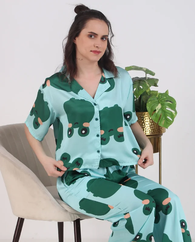 Womens pajama sets for breastfeeding nursing -Satin Green Frog Top & Pyjama Set