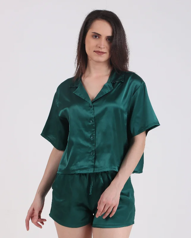 What are the best fabrics for women's pajama sets?-Satin Solid-Dark-Green Short Set