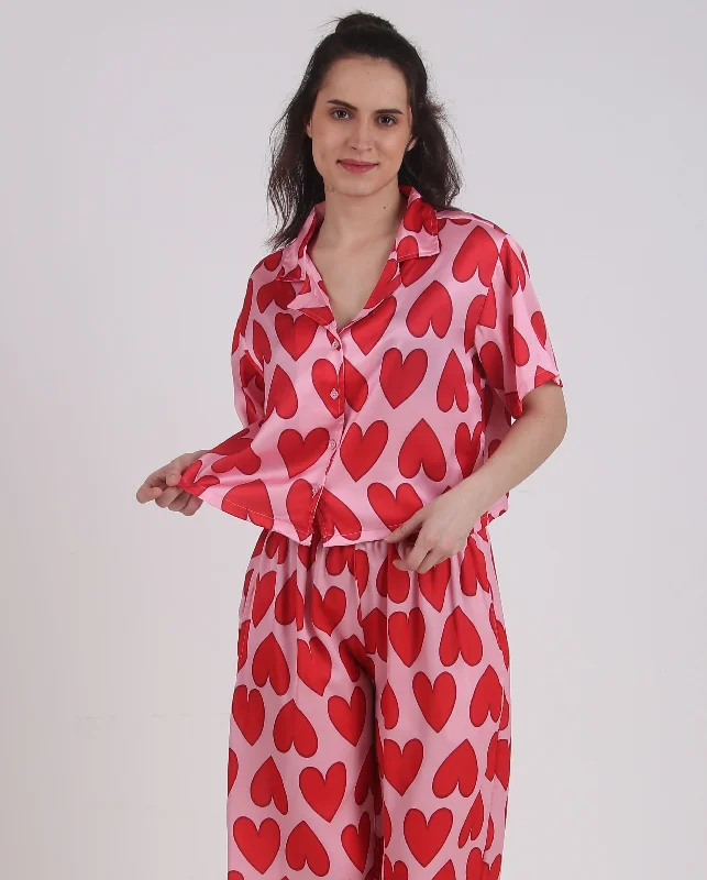 Women's pajama sets for long lasting wear durable -Satin Red-Heart Top & Pyjama Set
