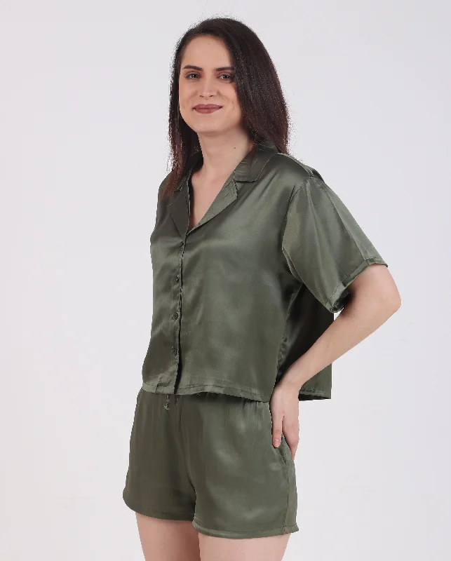 Womens pajama sets with adjustable straps for comfort -Satin Solid-Olive Short Set