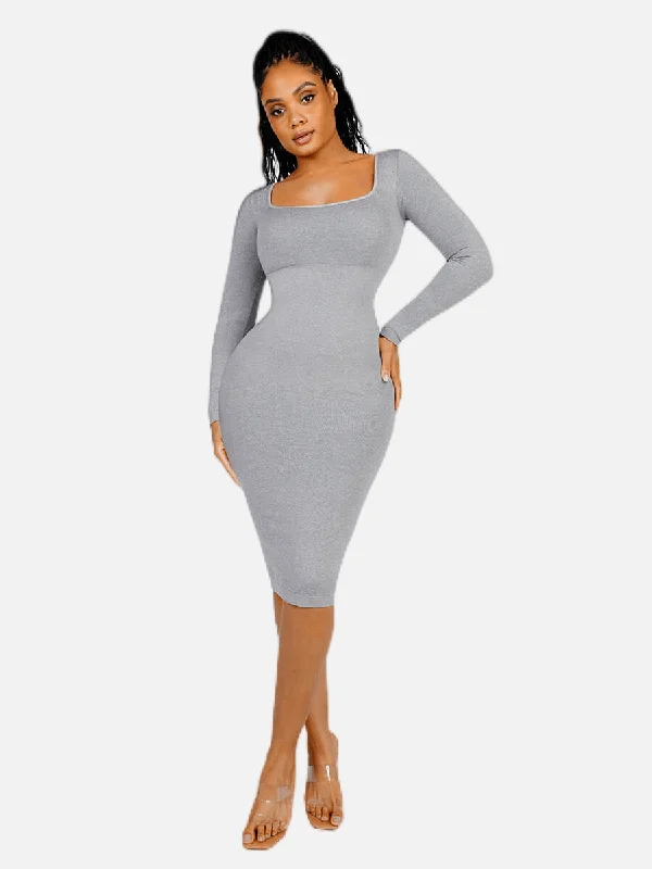 Long Torso Corset For Hourglass Shape -Snatching Square Neck Long Sleeve Shaping Dress
