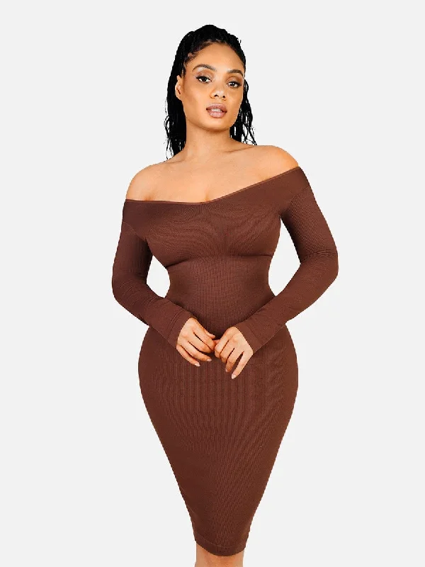 Leather corset for women over clothing -Snatching V Neck Long Sleeve Shaping Dress