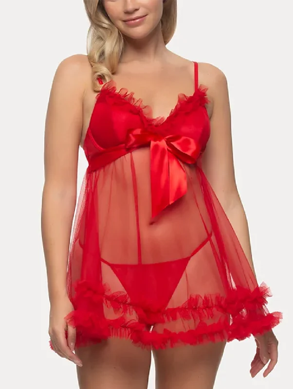 Red sequin sexy dress for women -Jezebel Veil Tulle Ruffle Babydoll