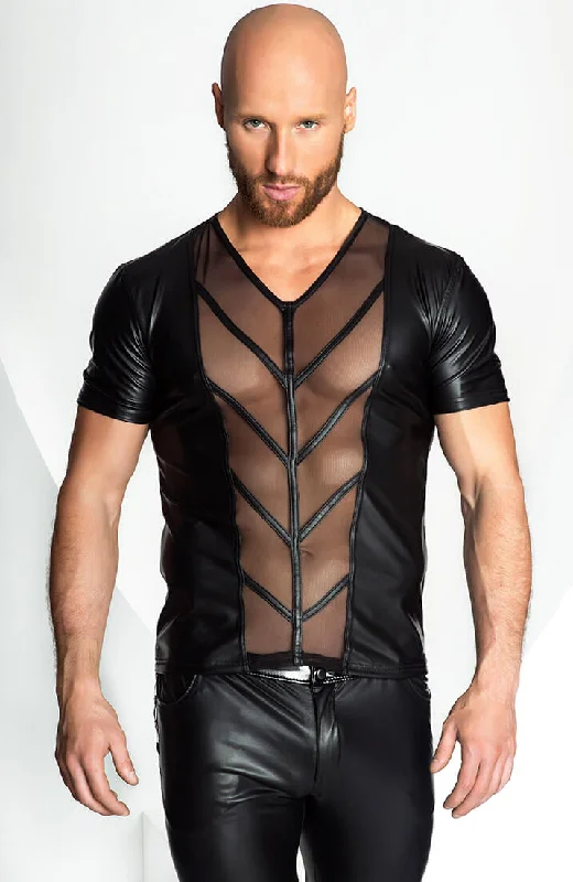 Formal sexy Dresses for apple shape-Wet look t-shirt with mesh inserts - My Will